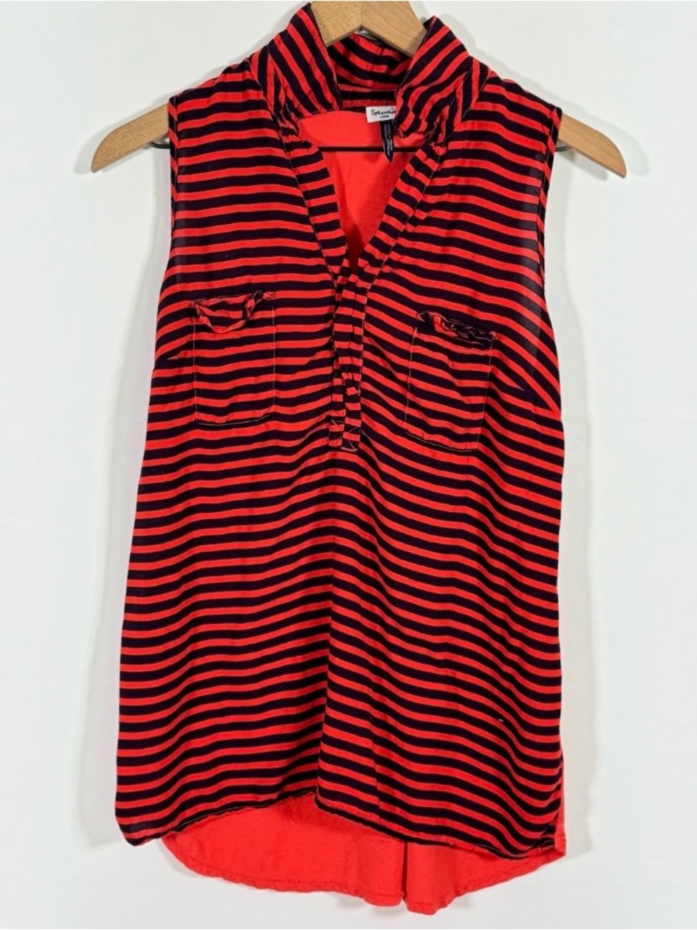 SPLENDID Red Black Striped Pocketed High Low Swing Tank Top Sz L